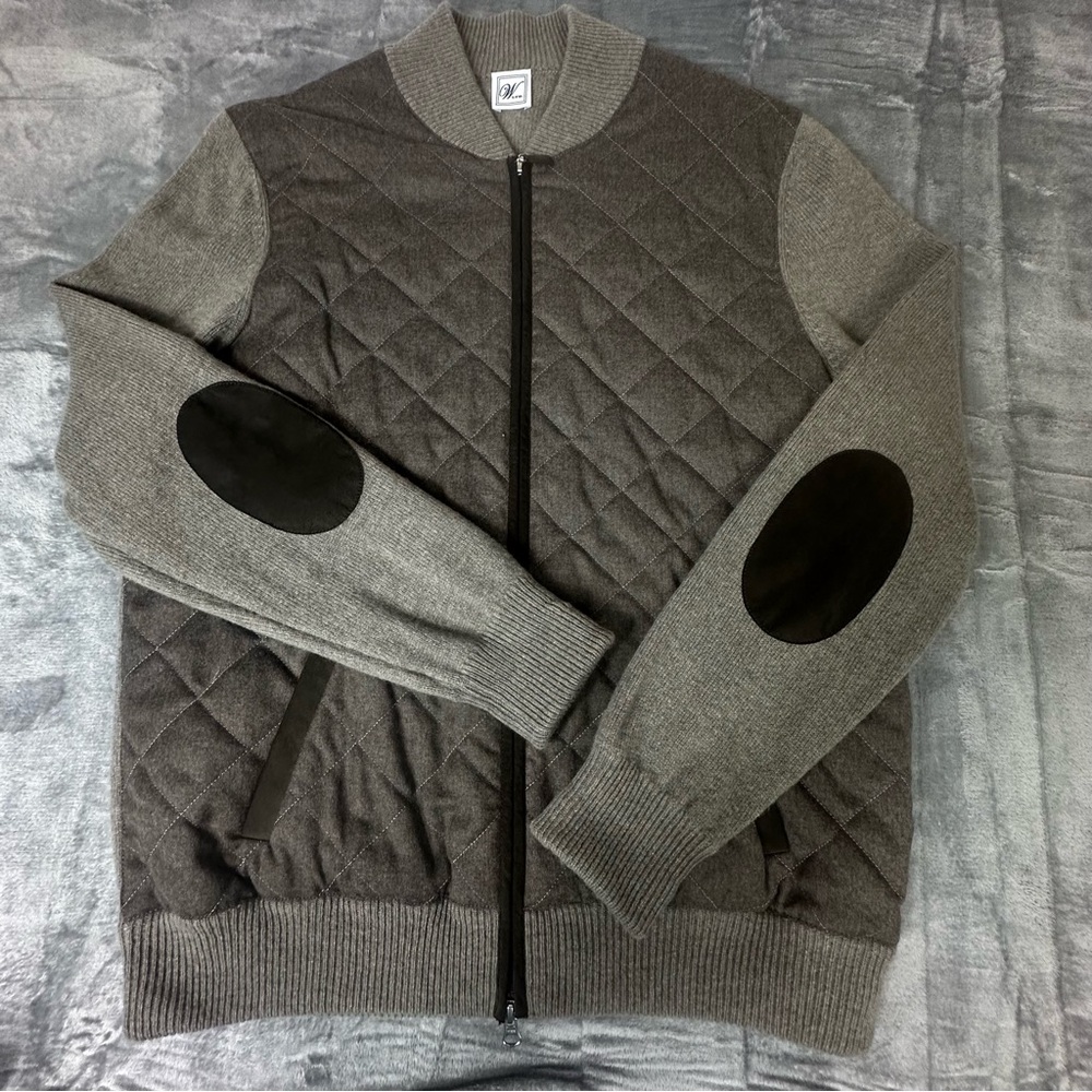 Lana Italian Wool Quilted Bomber Sweater Coat Elbow Patches Full Zip Brown 56 XL